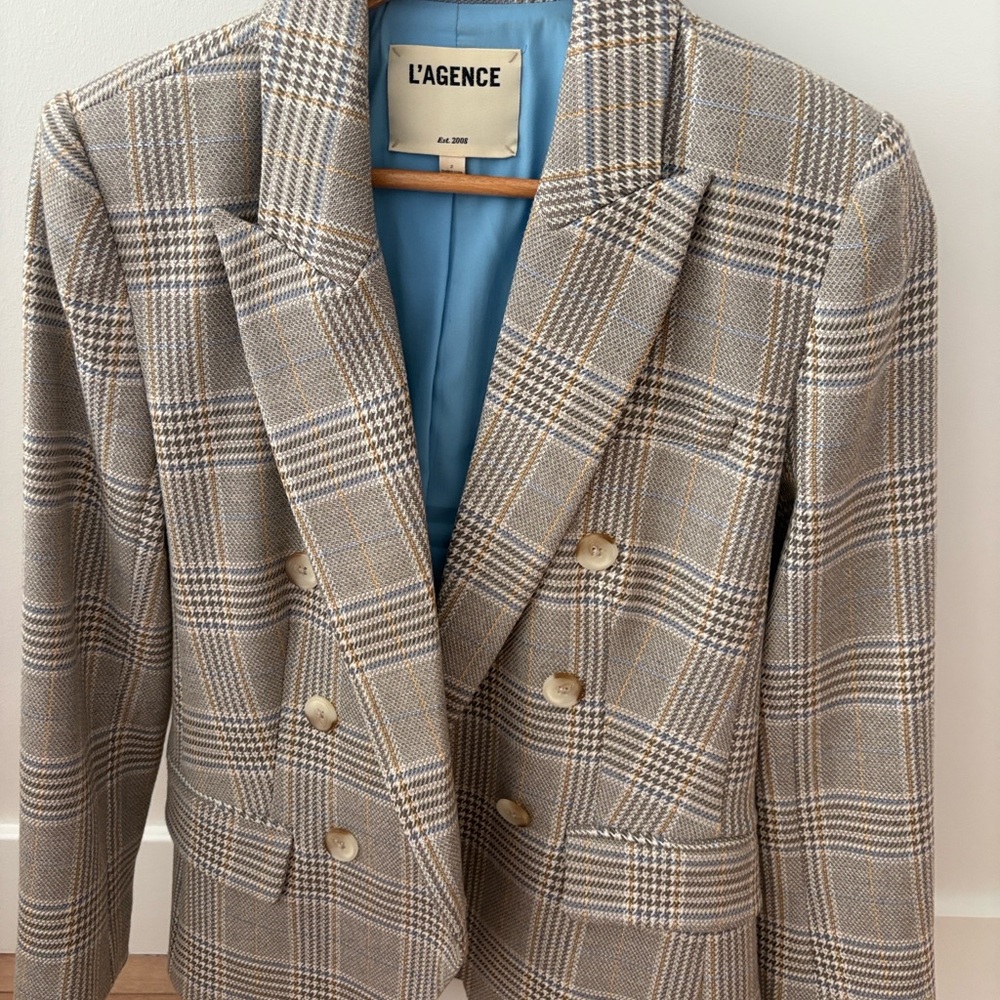 L'AGENCE Beige Plaid Double-Breasted Blazer and High Rise Wide leg pants.